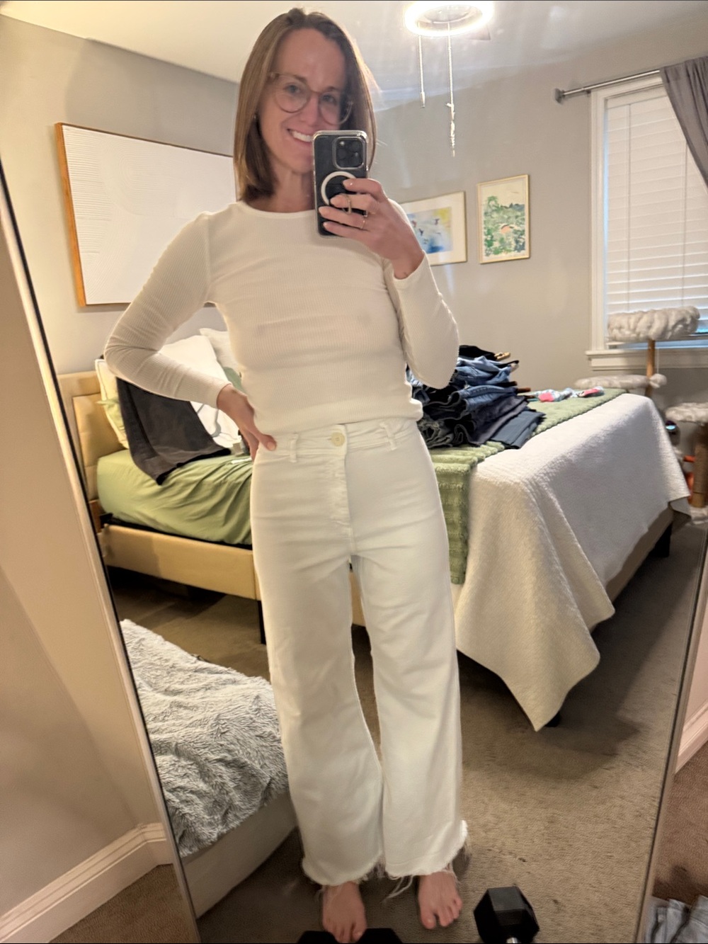 All-White Ribbed Top & Wide-Leg Jeans Set